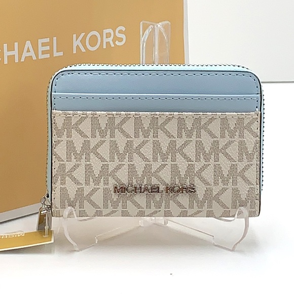 MICHAEL KORS MEDIUM ZIP AROUND CARD CASE VSTA BLUE MULTI SIGNATURE COLOR - Picture 2 of 15